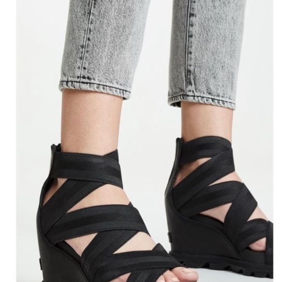 Sorel Joanie ll Black Ankle Strap Wedge Sandals - Picture 2 of 9